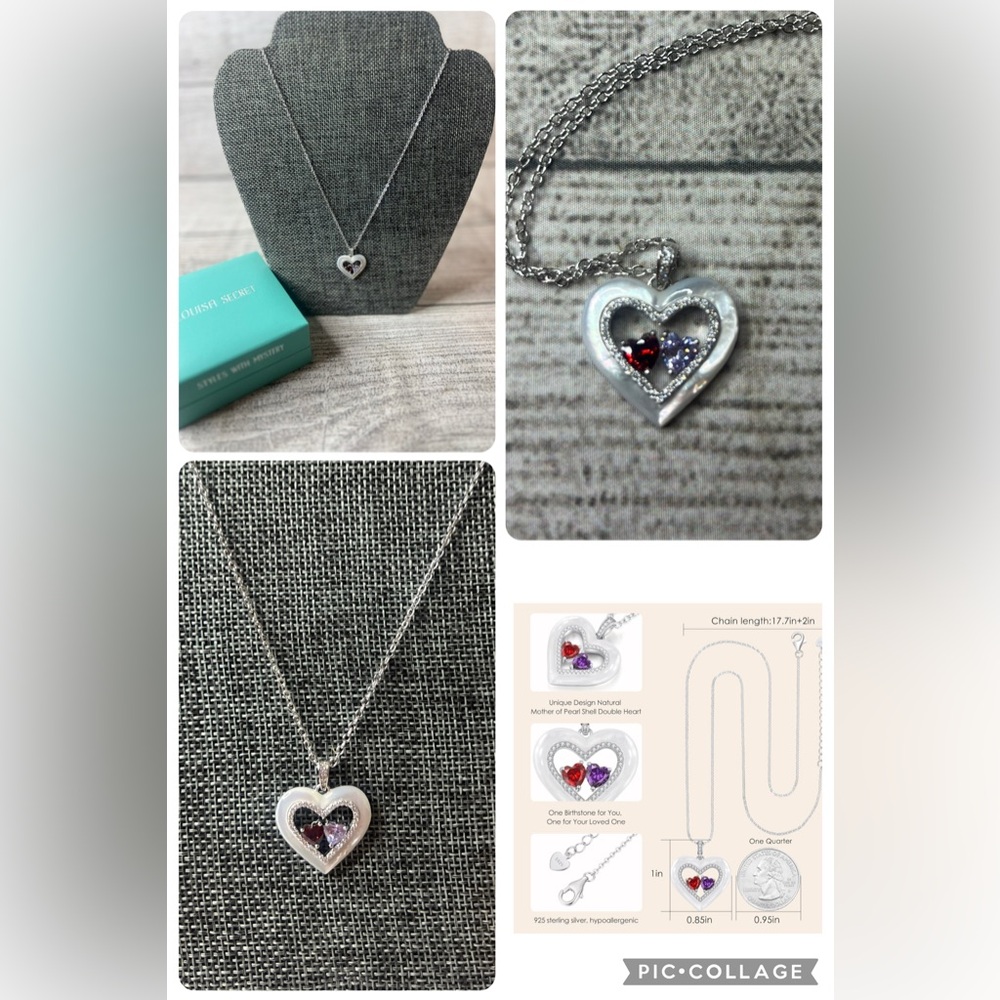 Shell Double Heart Necklace, Sterling Silver, Pendant Heart Necklace Garnet